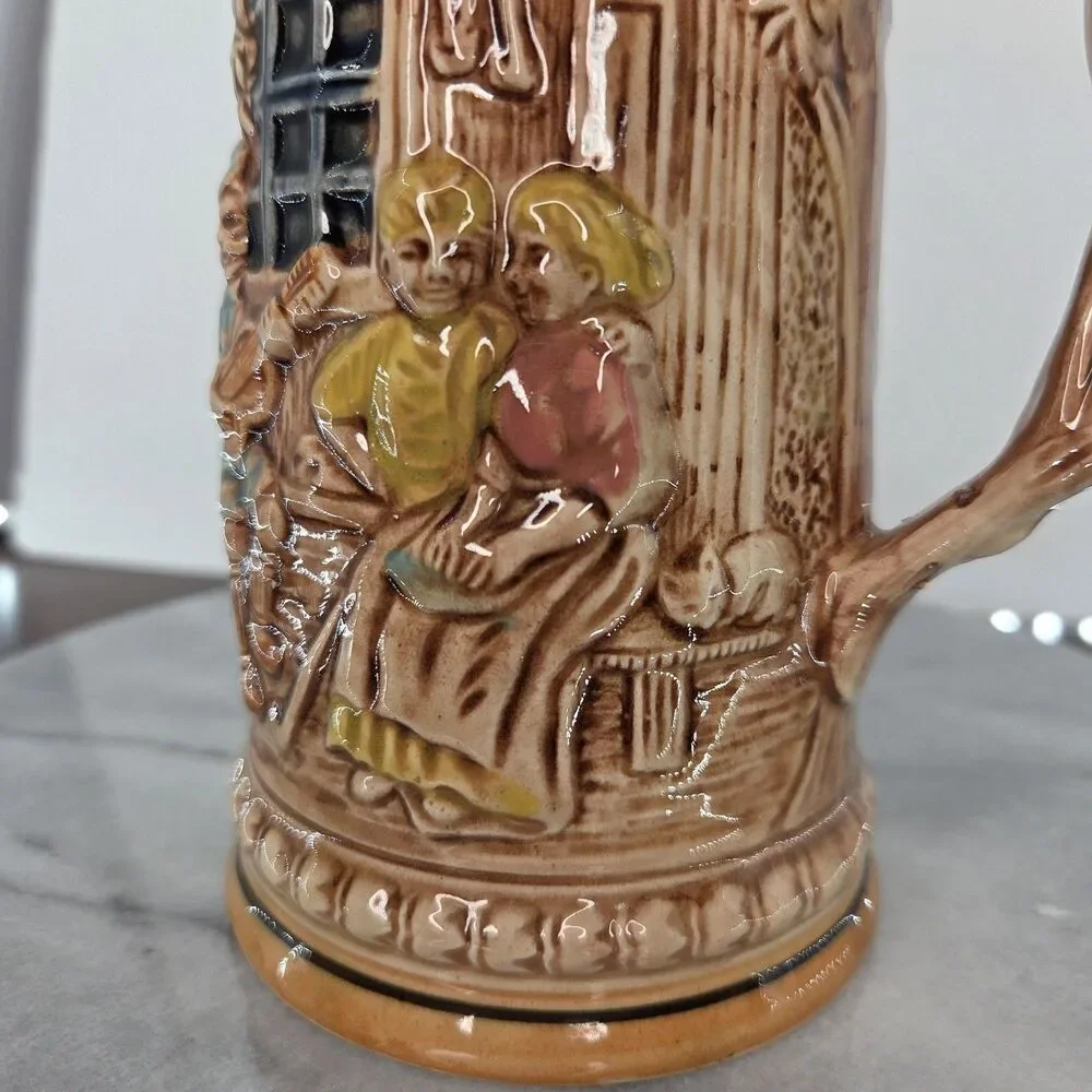 Vintage Made in Japan Beer Stein Tankard Relief Liebundlied Froh Gemut 3D Scene